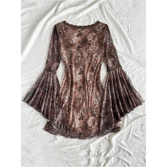 Women's Boho Flared Sleeve Mini Dress with Floral Prints for Vacation and Casual - Picture 2 of 5